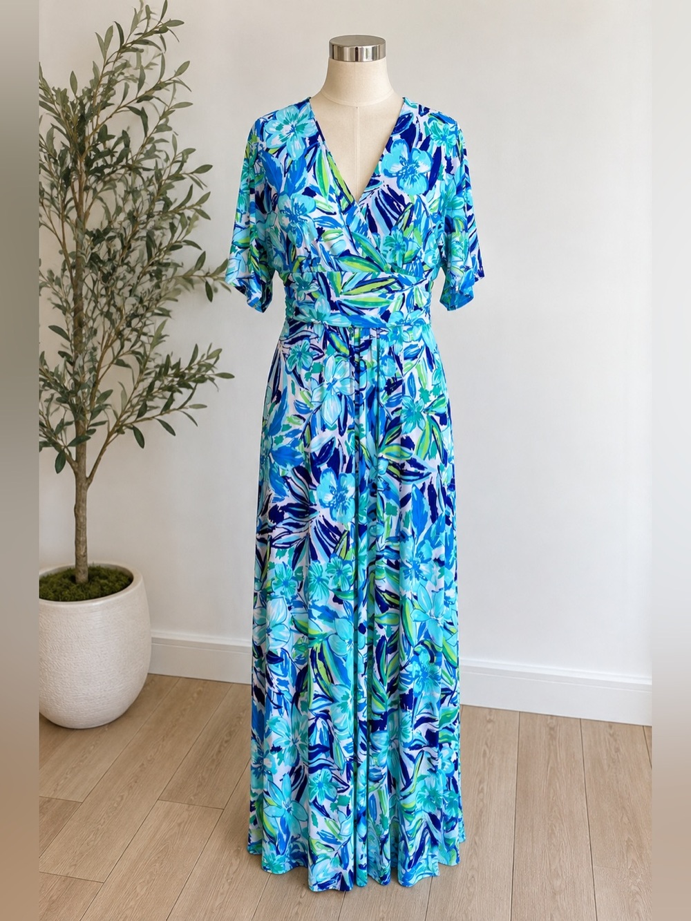 $119 PAPPAGALLO Maxi Dress Botanical TropicaL Jade Aqua Green Medium Stretch - Picture 2 of 7